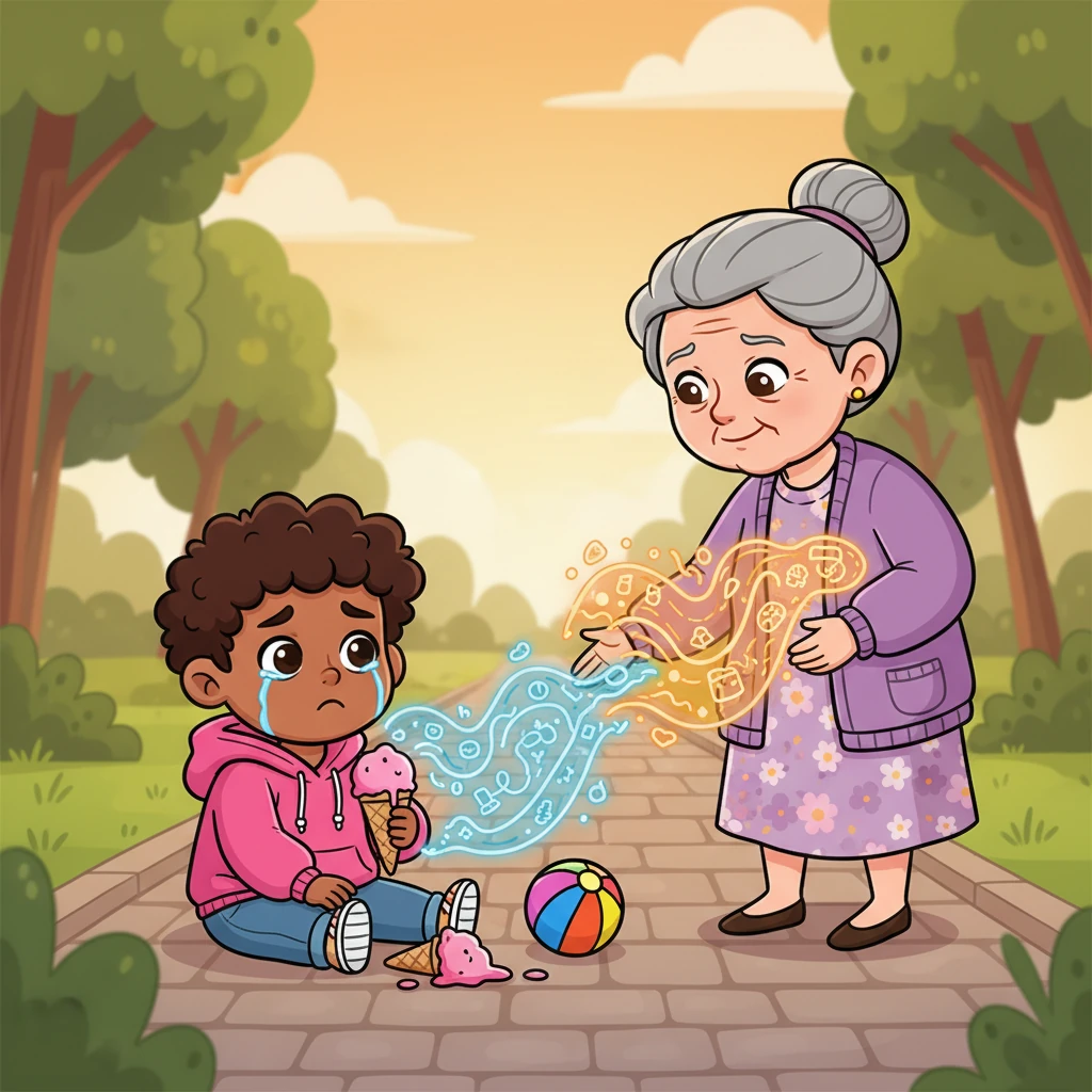 Later, Lumi spotted a small child looking sad, clutching a dropped ice cream. An older woman approached, her face kind and gentle. As their eyes met, Lumi saw a muted, tangled map of blue light flow from the child, slowly connecting with a warm, comforting orange map from the woman.
