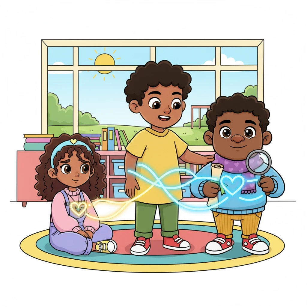 A new student, shy and quiet, sat alone with a tiny, hesitant heart-map around them. Lumi saw another child, whose map glowed with friendly curiosity, but they didn't know how to approach. Lumi, with a gentle nudge and a warm smile, helped them exchange a friendly glance, and their maps began to reach for each other.