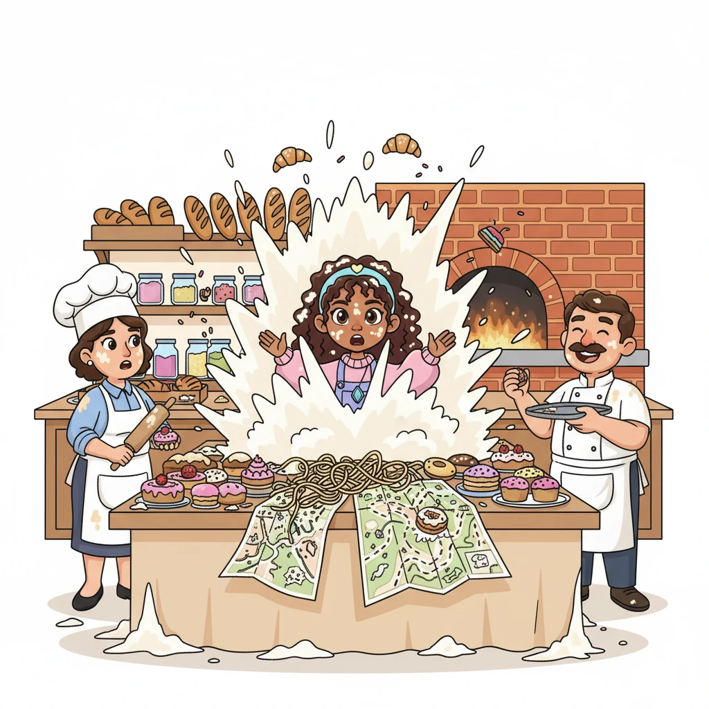 One day, Lumi saw two bakers whose maps looked like confused, tangled spaghetti. Thinking one was upset, Lumi tried to 'fix' it by moving a misplaced pastry. Instead, it caused a flour explosion, and Lumi learned that some maps needed careful, gentle understanding, not quick fixes.