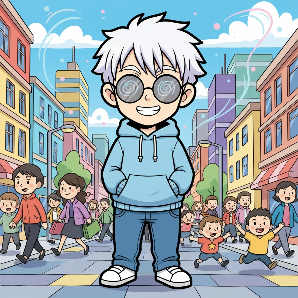 A vibrant, bustling city street, unlike anything Gojo Satoru remembers, unfolds before his eyes. He stands amidst the crowd, hands casually in his pockets, a playful grin on his face that hides a deep sense of disorientation. The air hums with an unfamiliar, subtle energy, a stark contrast to the cursed energy he once knew.