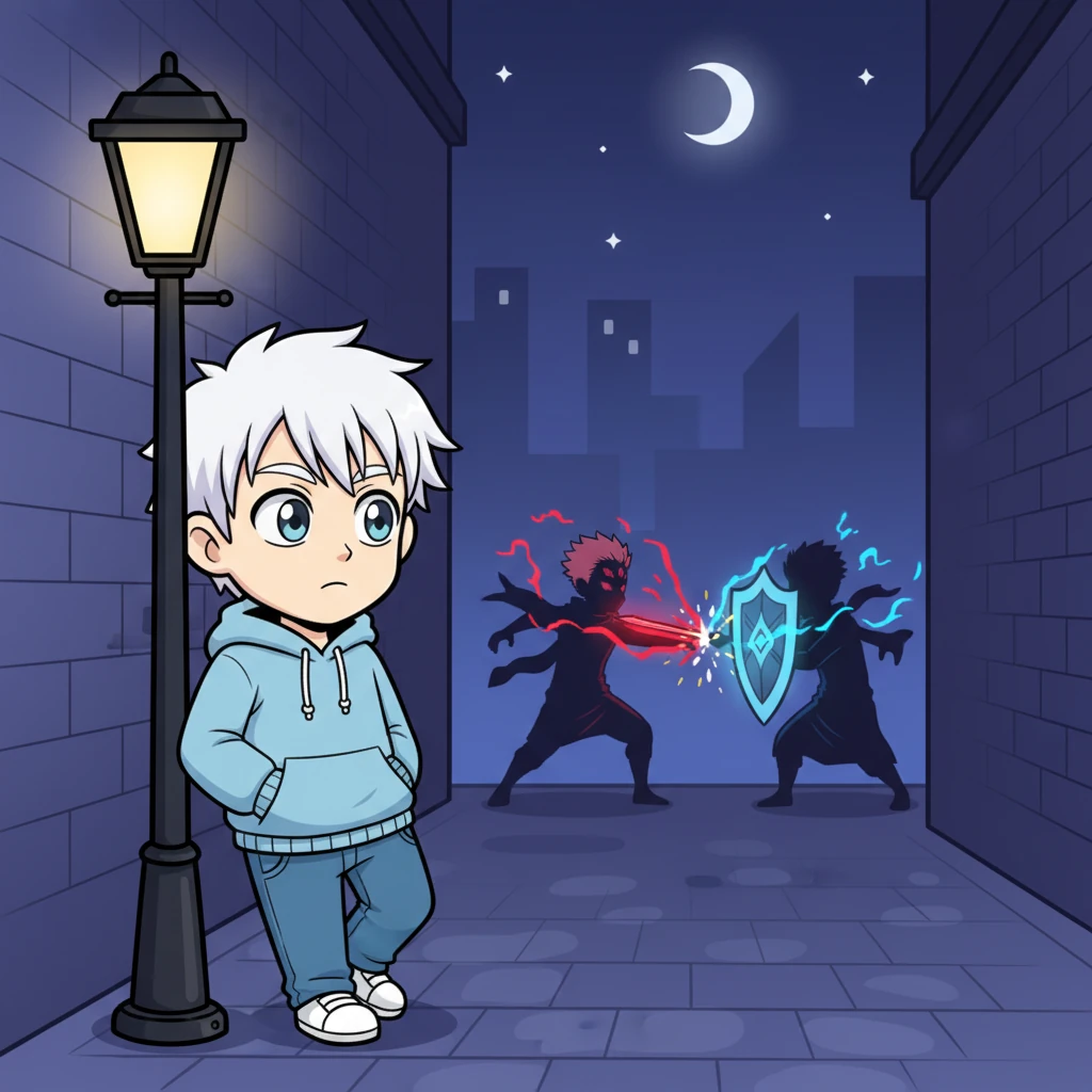 He leans against a lamppost, watching from afar as two shadowy figures clash in an alleyway, their forms flickering with magical energy. Sparks fly as a blade meets a spectral shield, a silent battle unfolding that resonates with a familiar, dangerous power. Gojo's signature blindfold is absent, revealing eyes that observe every minute detail, a flicker of concern crossing his usually carefree expression.