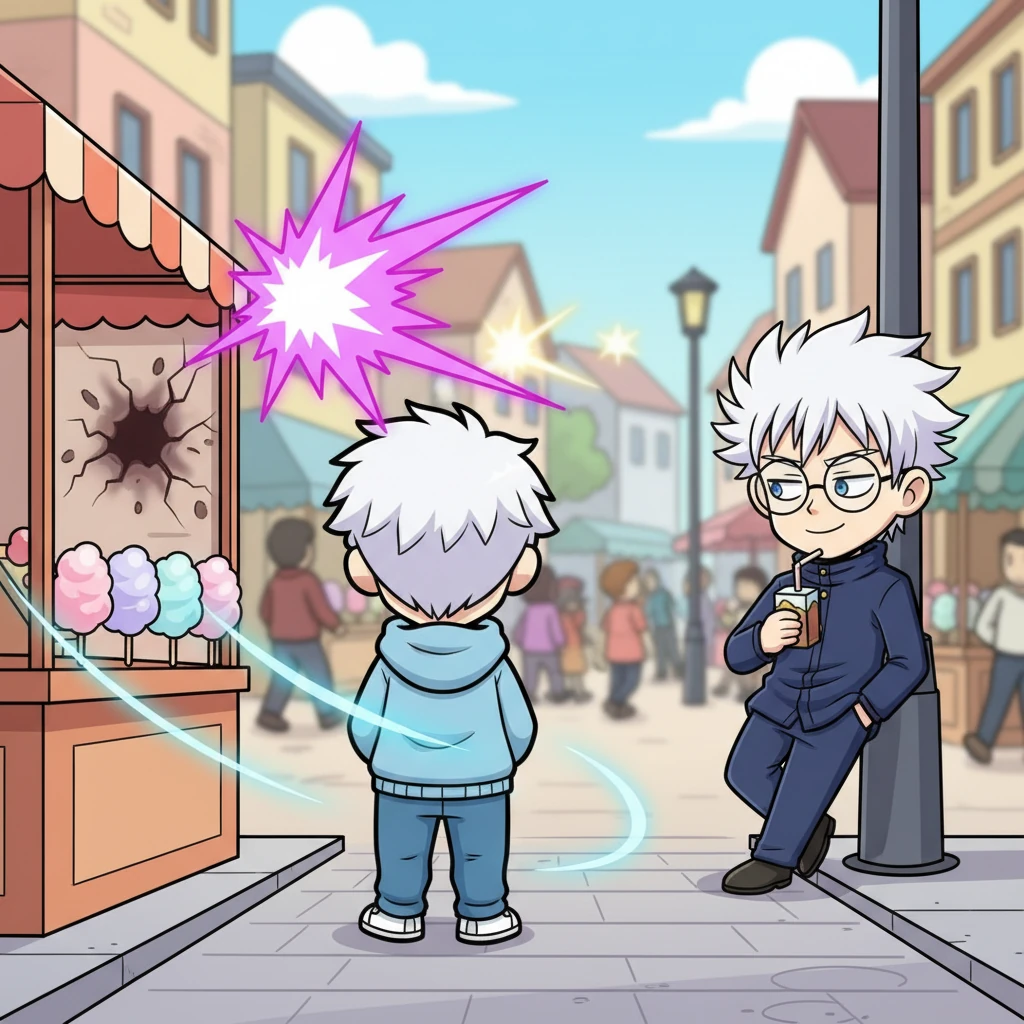 A young child, distracted by a colorful street vendor, wanders too close to the dangerous skirmish. Without anyone noticing, a faint, almost invisible ripple of energy gently guides the child back to safety just as a stray magical blast hits the wall where they stood moments before. Gojo, further down the street, simply sips from a juice box, a knowing smirk playing on his lips.