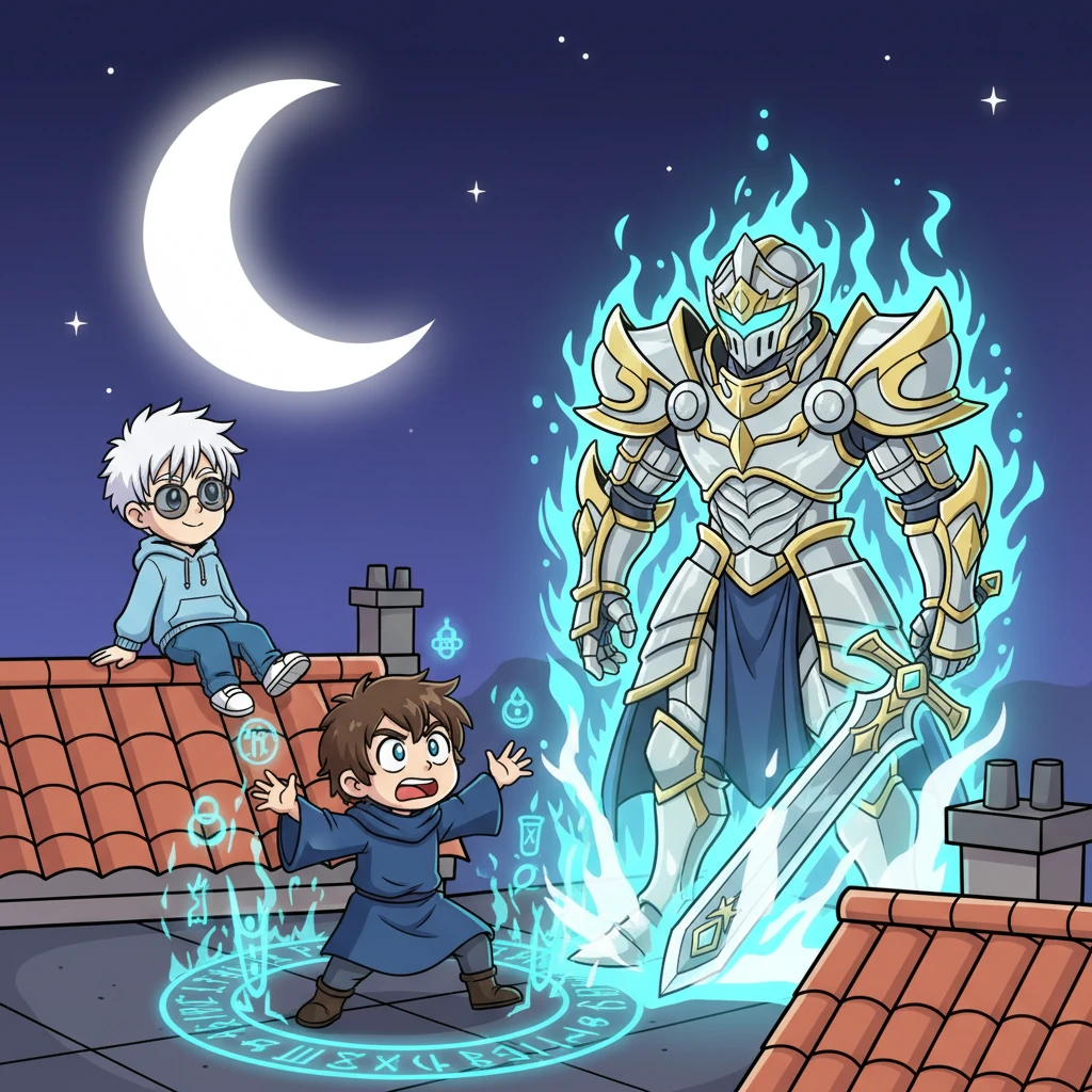 Under the moonlit sky, Gojo watches from a rooftop as a young mage, clearly overwhelmed, performs a desperate summoning ritual. A magnificent, armored Servant materializes in a burst of light and arcane symbols. Gojo's expression shifts from amusement to a flicker of intrigue, recognizing the raw power now bound to a novice.