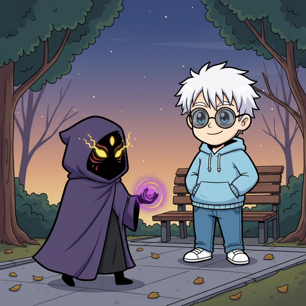 A mysterious figure, cloaked in shadow, approaches Gojo in a quiet park, their eyes piercing and intense. They speak of a great power they've sensed, an anomaly that could shift the balance of the Holy Grail War. Gojo maintains his casual demeanor, but his posture subtly tenses, a silent acknowledgment of the invitation to a conflict he wished to avoid.