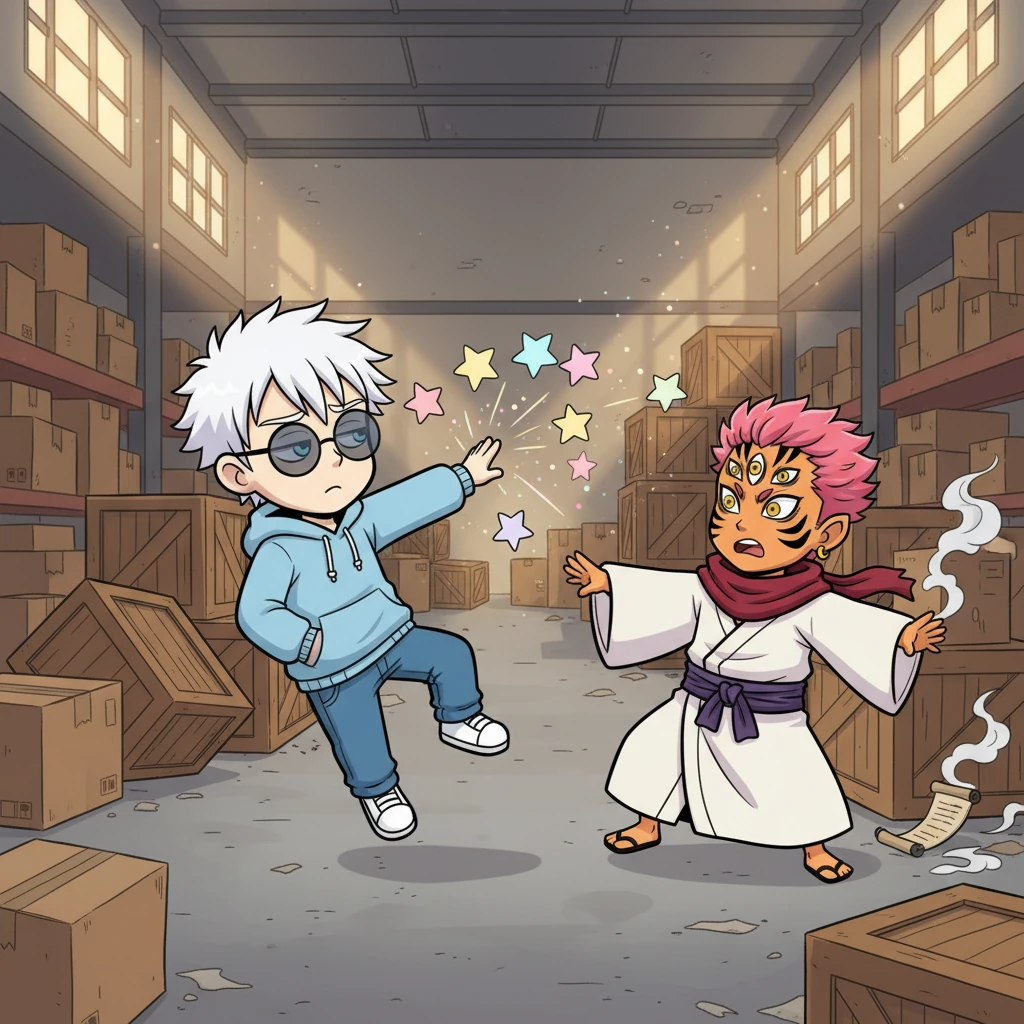 In a hidden warehouse, Gojo effortlessly dodges a barrage of magical projectiles from an unknown assailant, his movements fluid and almost lazy. He uses just enough of his power to disarm and incapacitate his attacker without revealing the true depth of his abilities, leaving them bewildered and defeated. The skirmish is over before it truly began, leaving only a lingering sense of his overwhelming presence.