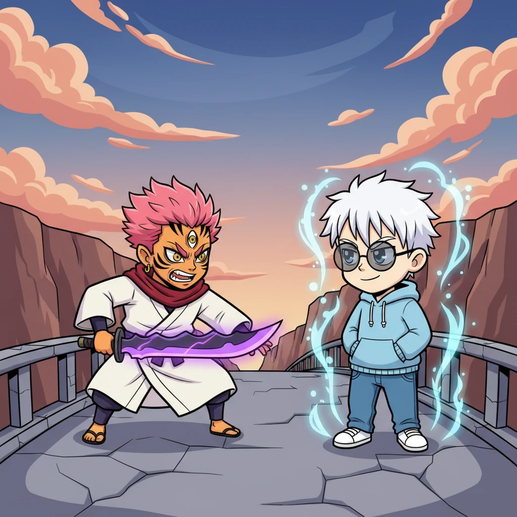 A powerful Servant, enraged by the swift and inexplicable defeat of their Master, confronts Gojo in the middle of a deserted bridge, their weapon glowing ominously. They sense an immense, unquantifiable power emanating from him, a force that defies their understanding. Gojo simply raises an eyebrow, a hint of his boundless energy beginning to leak out, subtly warping the air around them.