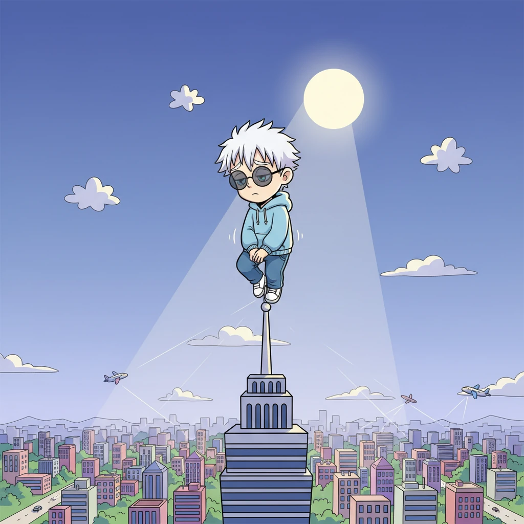 Gojo stands alone atop a skyscraper, gazing down at the sprawling city, a contemplative look on his face. He realizes his very existence here, his attempts at neutrality, are like a beacon, drawing all eyes and powers towards him. The weight of his strength, even when suppressed, is a burden that cannot be ignored in this new, fragile world.