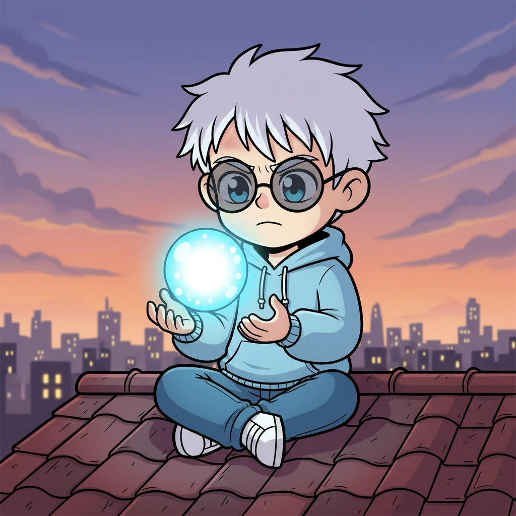 He sits cross-legged on a rooftop, a single, glowing orb of energy floating between his hands, contemplating its immense potential. The conflict within him is palpable: to observe and allow destiny to unfold, or to intervene and inevitably reshape the fate of this world. The choice is heavy, reflected in the subtle furrow of his brow.