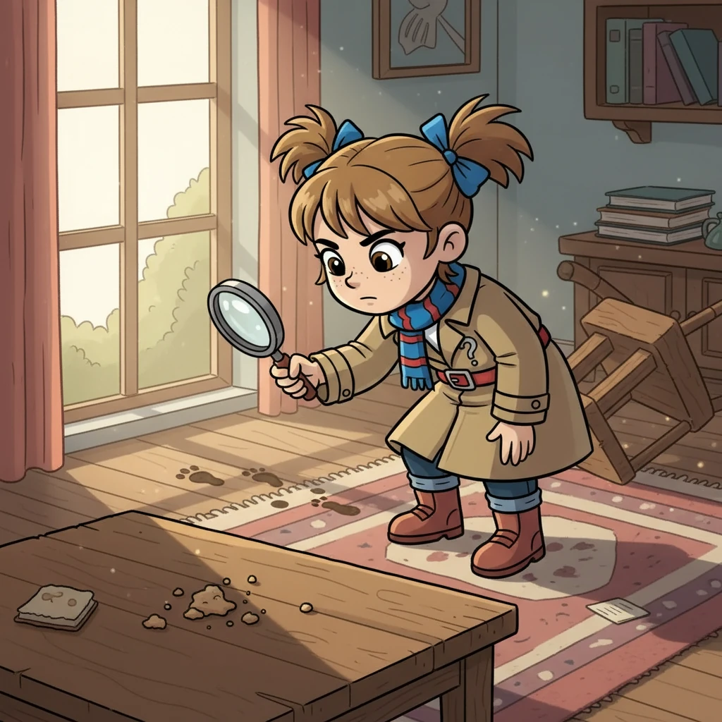 Anya examined the scene. Crumbs were scattered around the table, and a small, muddy footprint was visible near the window. She knew this was going to be a tough case. She needed to look for more clues to solve the mystery.