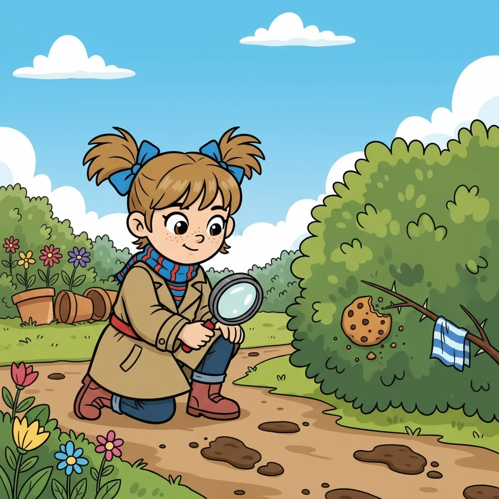 Anya followed the muddy footprints outside, leading her to the garden. There, she found a half-eaten cookie near a small bush. The bush also had a little torn of a shirt.