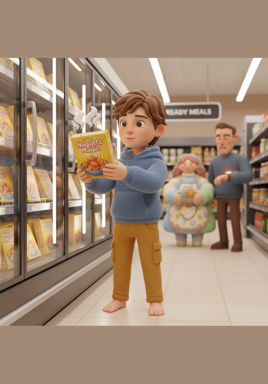 Davanti al reparto dei cibi pronti, Leo osserva le confezioni di Nuggets Magici che promettono un pasto caldo in soli due minuti. Il vapore disegnato sulla scatola sembra quasi reale, invitandolo a scegliere la via più rapida e comoda rispetto alla cucina tradizionale.