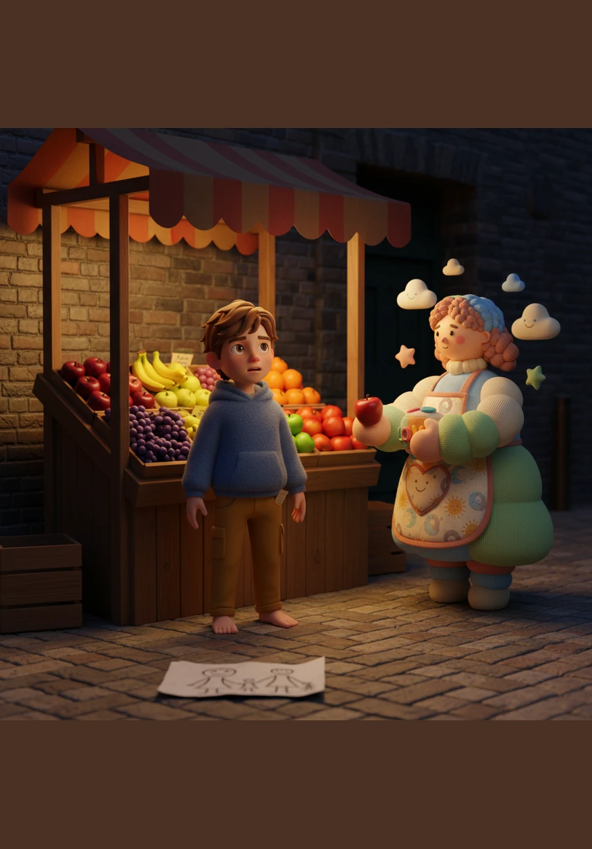 Finalmente raggiunge il banco della frutta, dove le mele riposano in un angolo tranquillo e meno illuminato rispetto alle corsie centrali. A differenza delle merendine urlanti, le mele sono semplici e naturali, offrendo la loro bellezza senza bisogno di slogan accattivanti.