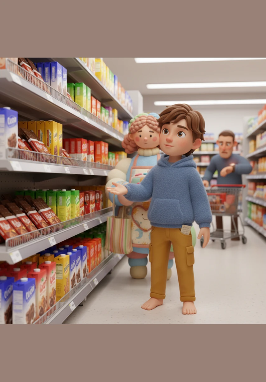 Leo nota come le barrette di cioccolato e i succhi zuccherati siano posizionati proprio all'altezza dei suoi occhi, dove è più facile allungare la mano. Capisce che ogni scaffale è studiato strategicamente per tentare i bambini e gli adulti stanchi con confezioni di plastica colorata.