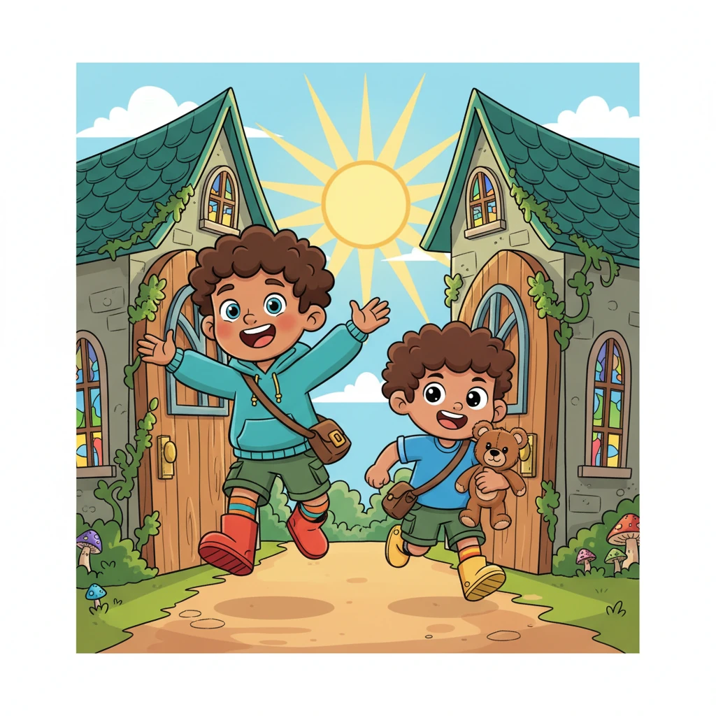 Ollie, bouncing with excitement, and George, tiny but determined, raced out of school, their backpacks jiggling. The sun shone brightly, promising a perfect afternoon for their grand adventure into the mysterious Magic Woods. Their faces were alight with anticipation, George clutching his beloved teddy, Barnaby.