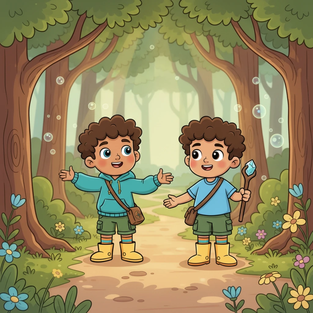 The boys ventured down a winding path, deeper into the woods where dappled sunlight danced on the forest floor. Tall trees, with branches like welcoming arms, whispered secrets in the gentle breeze. The air smelled sweet and earthy, a true sign they were entering a special place.