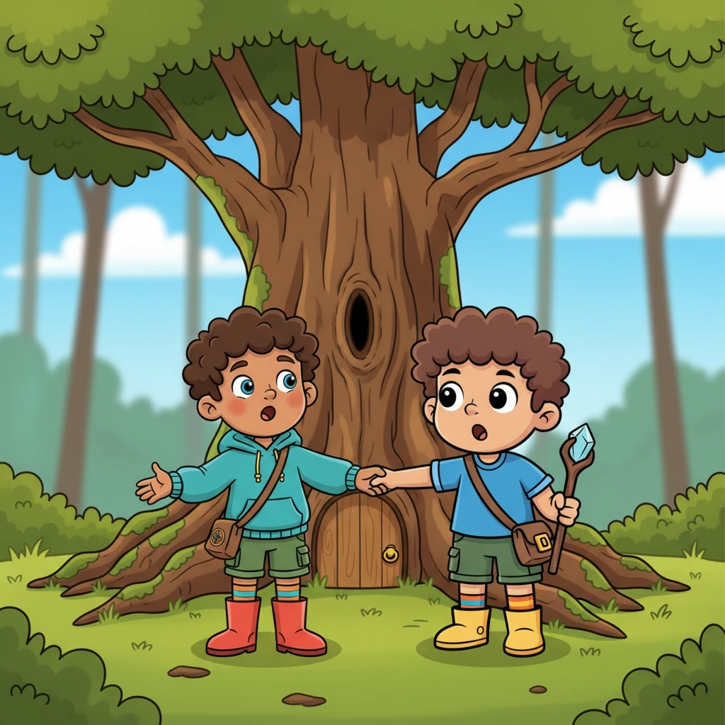 Suddenly, Ollie stopped, his eyes wide with wonder, pulling George to a halt. Before them stood an enormous oak tree, its ancient roots sprawling like sleepy giants. Nestled into its trunk was a tiny, perfectly round door, no bigger than a dinner plate, looking like something from a dream.