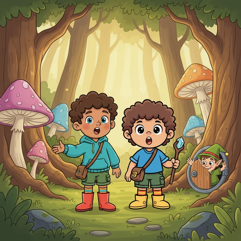 A tiny, wrinkled face with mischievous, twinkling eyes peeked out from behind the little door. It was Elwyn Thistlewick, a friendly elf with a bright green hat, who waved a hand no bigger than Ollie's thumb and welcomed them with a voice like tinkling bells.