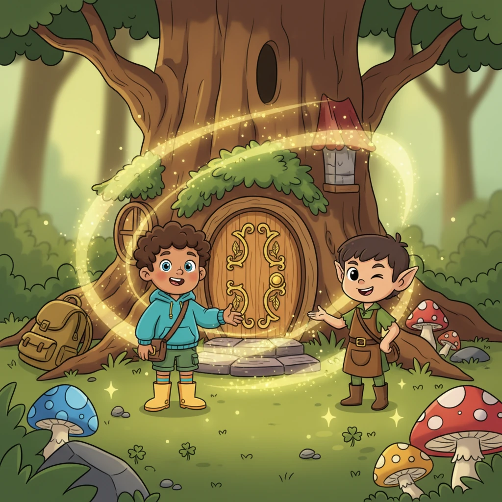 With a playful wink, Elwyn invited them inside his humble abode. A shimmering glow enveloped Ollie and George, and as they stepped through the tiny door, they found themselves magically shrunken to the perfect size to enter the elf's cozy, hidden home.