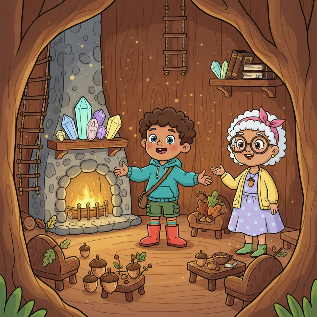 Inside, Elwyn's home was a marvel of tiny wonders, carved right into the giant oak. Miniature furniture made of acorns and leaves sat by a fireplace glowing with fireflies, and shelves held sparkling crystals and ancient, tiny books. The air hummed with gentle magic.