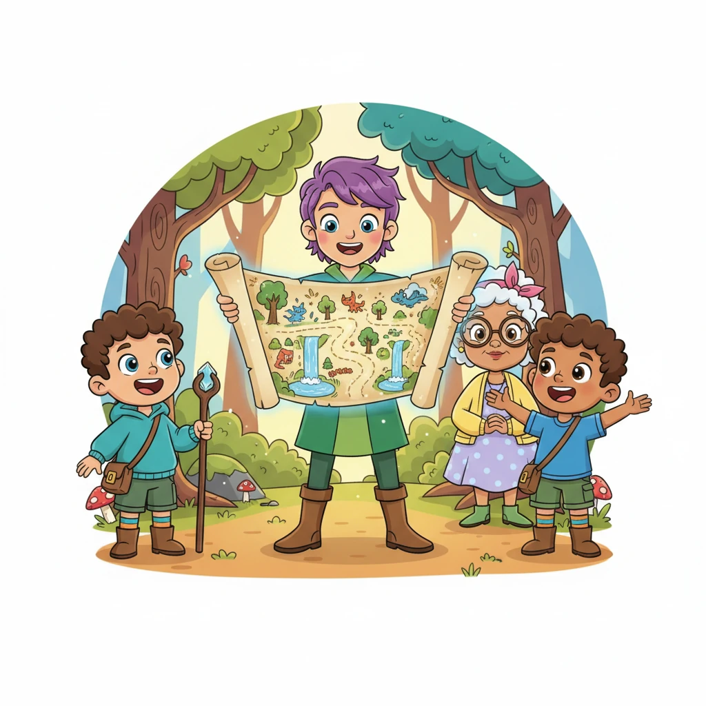 Elwyn, with a flourish, presented them with a glowing, intricate map of the Magic Woods. It unfolded to reveal secret paths, hidden waterfalls, and even illustrations of fantastical creatures, promising countless adventures yet to be discovered.