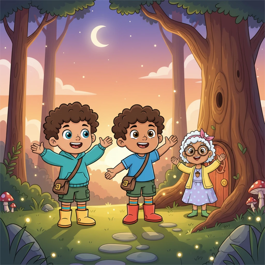 As the sun began to set, Ollie and George, now back to their normal size, waved goodbye to Elwyn at the tiny door. Their hearts were full of magic and wonder, already dreaming of their next incredible adventure in the truly magical woods.
