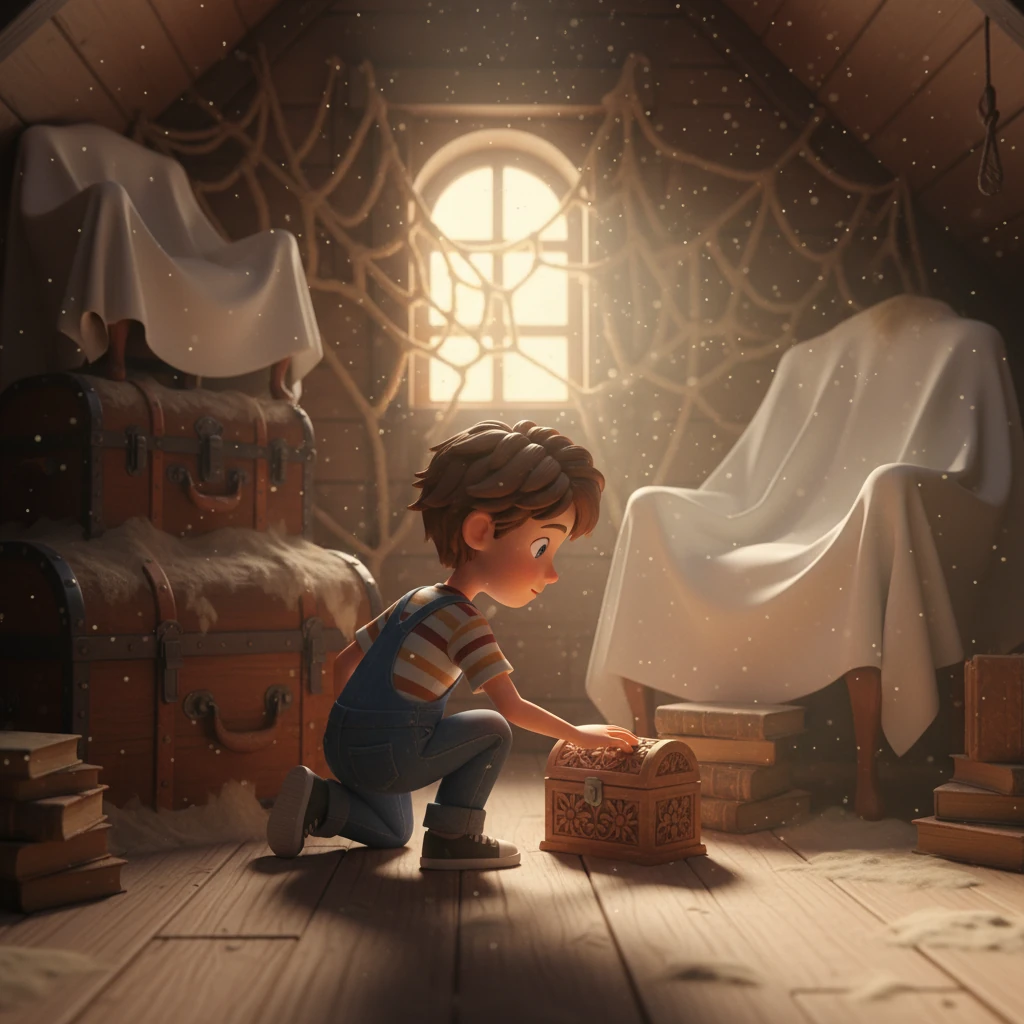 Leonardo, un ragazzo curioso, si avventura nella soffitta polverosa della sua vecchia casa. Tra bauli impolverati e mobili coperti da teli bianchi, la luce fioca di una finestra filtra tra le ragnatele, illuminando le particelle di polvere sospese nell'aria. I suoi occhi si posano su una piccola scatola di legno intagliato, quasi nascosta sotto una pila di vecchi libri rilegati in pelle.