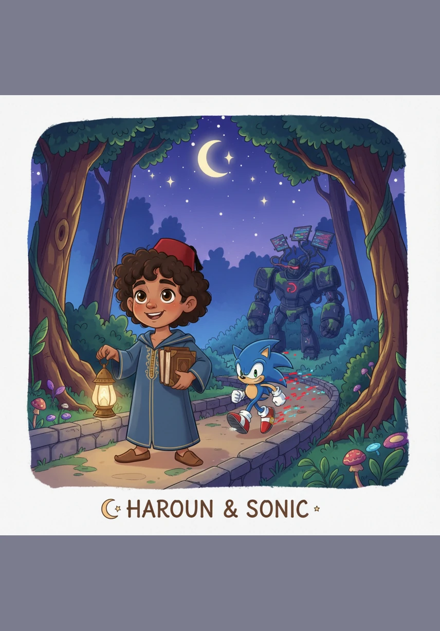 Haroun is a cheerful seven-year-old boy living in a beautiful, sunny city in Morocco. He has full black hair, warm brown skin, and wears his favorite plastic boots with a cool army design. Today, he is exploring a busy market filled with colorful rugs and sweet-smelling spices under the bright blue sky.