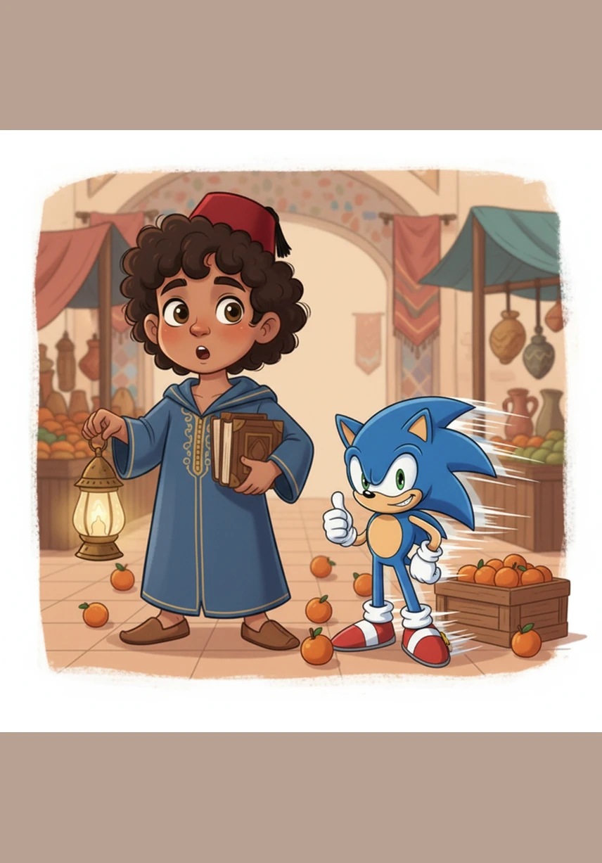 Suddenly, a bright blue streak zips through the market faster than the wind, scattering some oranges. It is Sonic the Hedgehog, who stops right in front of a surprised Haroun with a confident smirk. Sonic gives a friendly thumbs-up, and Haroun’s eyes widen with excitement as he meets his legendary hero.