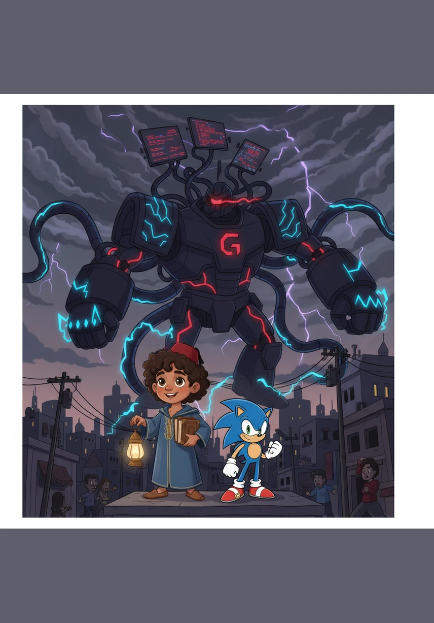 The sunny sky suddenly turns gray as a giant, dark robot controlled by the evil Dr. Glitch descends upon the city. The villain uses glowing mechanical arms to steal electricity from the streetlights and homes, causing the city to go dark. The people are frightened, but Haroun stands tall, ready to act.