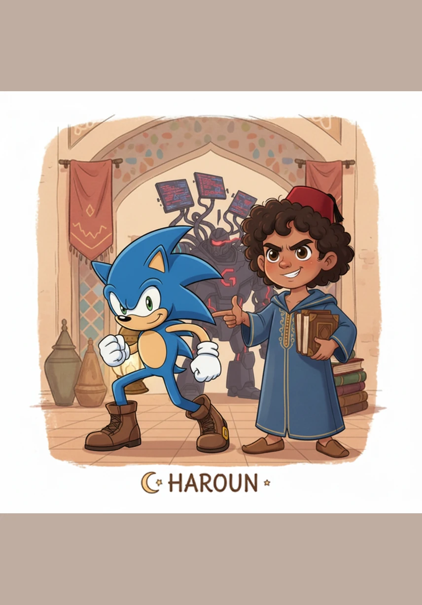 Sonic prepares to race into battle, and Haroun steps up right beside him, looking determined. Haroun tells Sonic he has a plan, tapping his sturdy army boots on the cobblestone ground. Sonic realizes that this smart, brave boy is exactly the partner he needs to stop the mechanical monster.