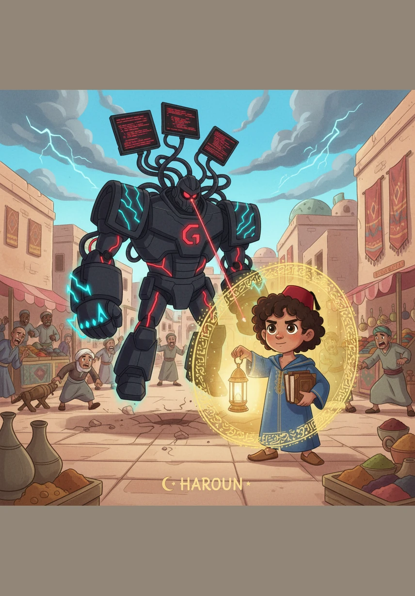 Dr. Glitch fires a powerful energy net that catches Sonic, pinning the fast hedgehog to the ground in the middle of the square. Haroun hides behind a large stone fountain, watching the robot’s movements carefully. He notices a small, glowing red control panel hidden on the robot's mechanical leg.