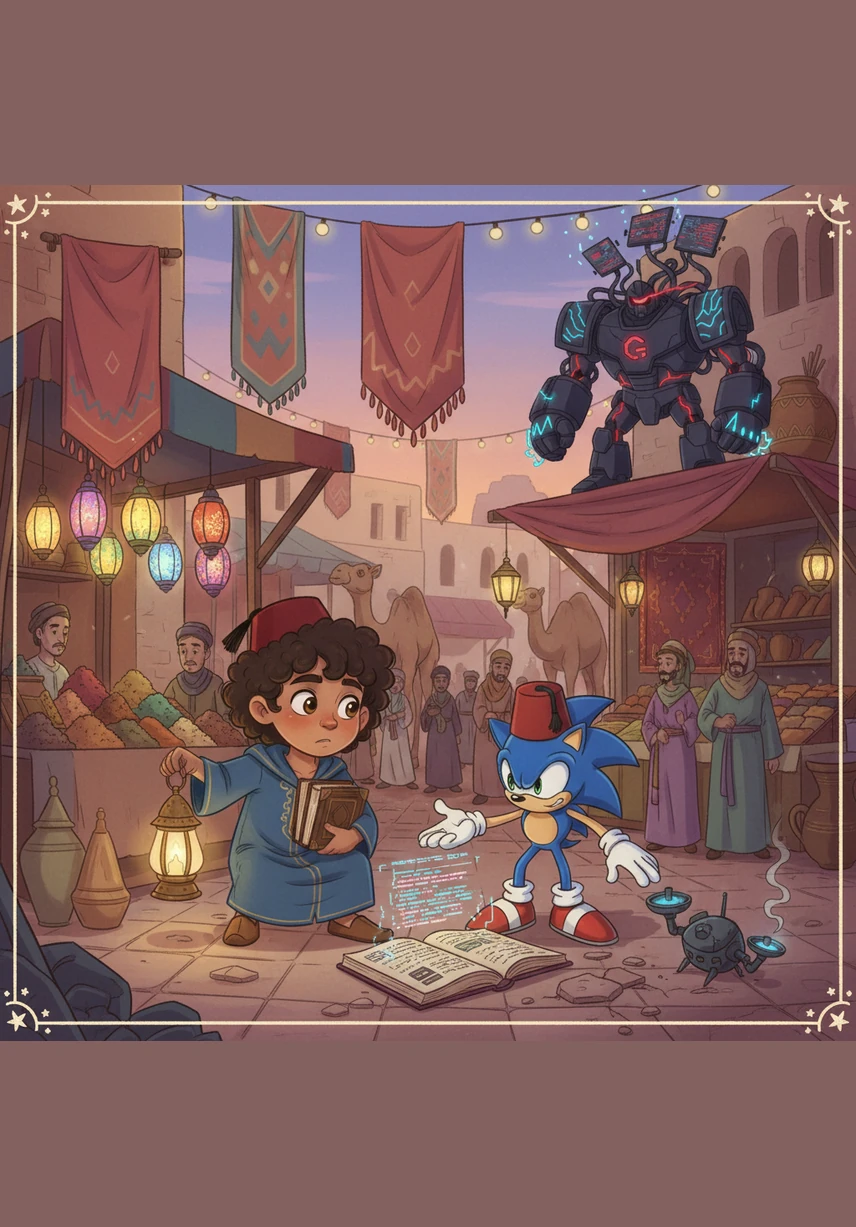 Haroun realizes the robot's flying drones are searching for anyone who moves, so he uses his clever mind to create a distraction. He grabs a shiny metal tray from a nearby stall and reflects the sunlight into the drones' sensors. His intelligence proves to be a powerful weapon against the villain's technology.