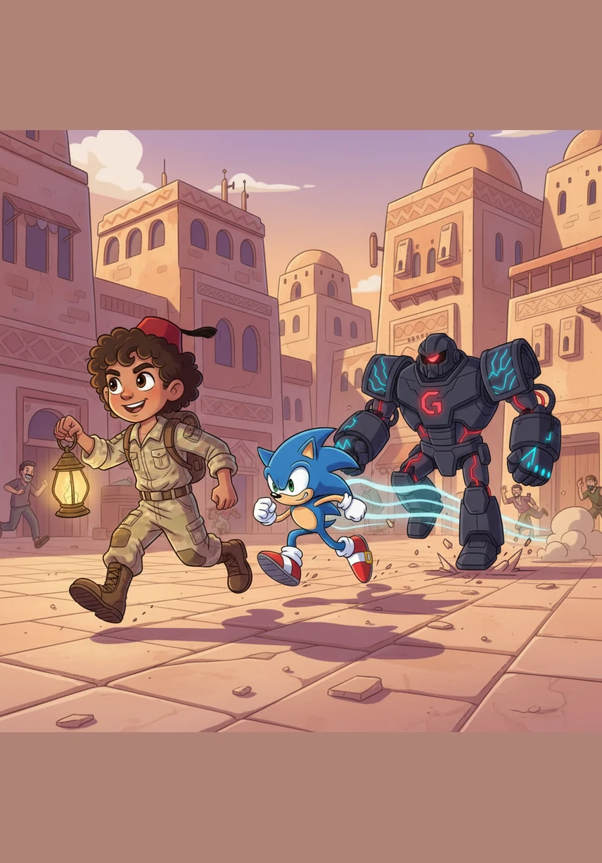 With the drones blinded and confused, Haroun sprints across the open square in his army-design boots. He is fast and nimble, jumping over market crates and sliding under stone arches to stay out of Dr. Glitch's sight. He is moving closer to the giant robot with every brave step.