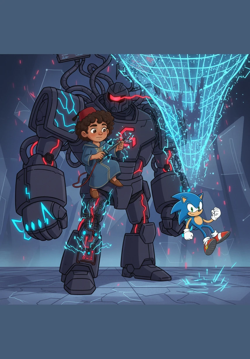 Haroun reaches the control panel on the robot’s leg and quickly uses a small tool to rewire the glowing circuits. Sparkles of blue light fly everywhere as the energy net holding Sonic begins to flicker and finally disappears. Haroun’s quick thinking and technical skills have saved his friend.