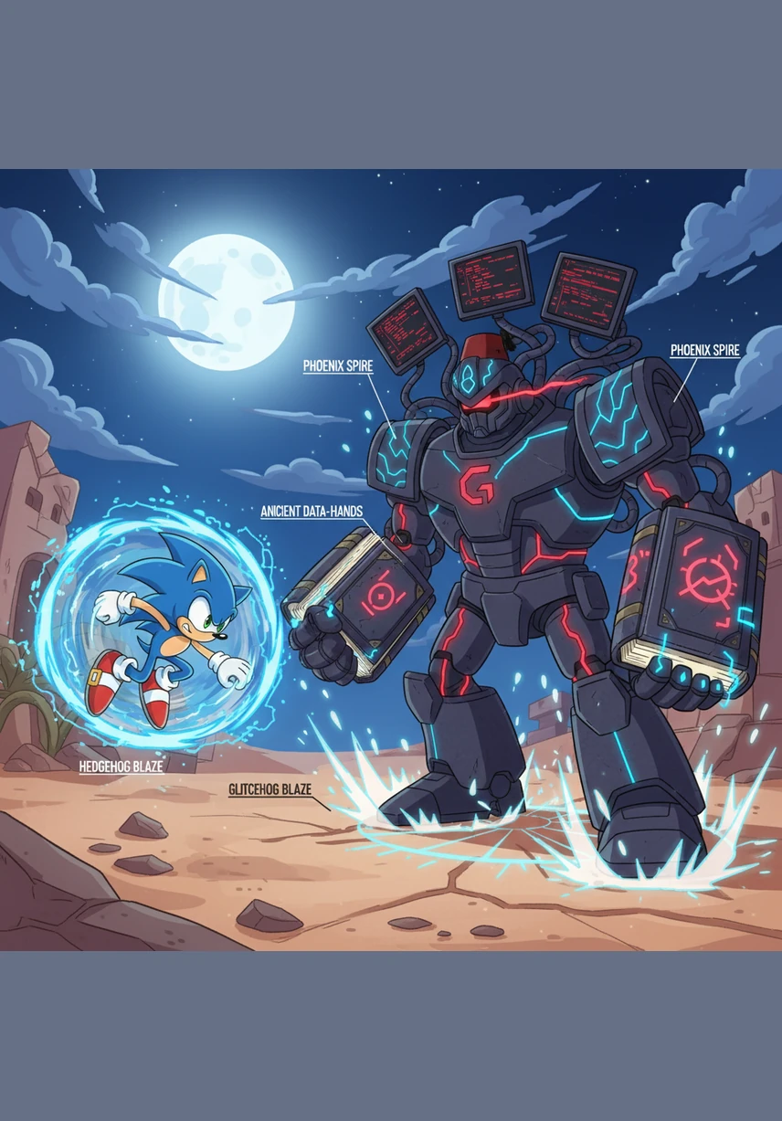 Sonic is free and charges up his famous Spin Dash, glowing with blue energy while Haroun points toward the robot's weakened core. Together, they perform a perfectly timed combined attack. Sonic strikes the robot with a powerful boom while Haroun cheers him on, showing their incredible teamwork.