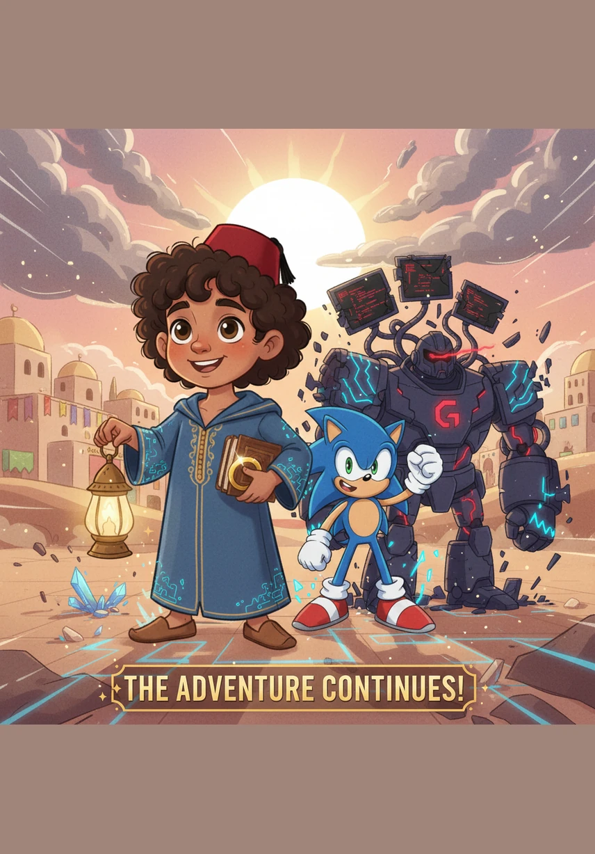 The sun shines brightly again as Dr. Glitch retreats into the sky, and the city lights flicker back to life. Haroun and Sonic share a triumphant high-five in the middle of a cheering Moroccan crowd. Haroun smiles proudly, knowing that his courage and smarts made him a true hero today.