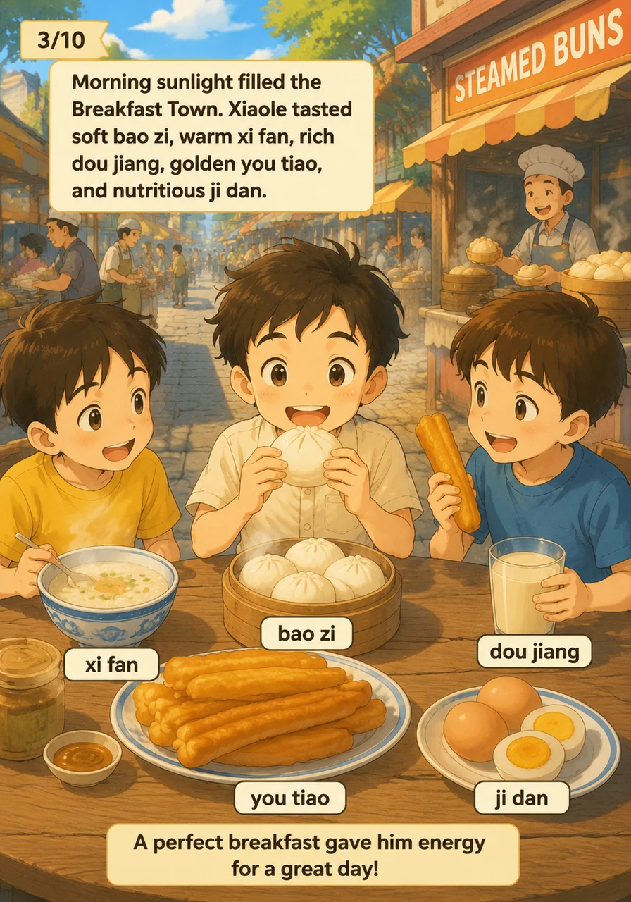 清晨的阳光洒在早餐小镇上，街道两旁摆满了热气腾腾的摊位。小乐品尝了松软的包子 (bāo zi)，暖胃的稀饭 (xī fàn)，浓郁的豆浆 (dòu jiāng)，金黄酥脆的油条 (yóu tiáo) 和营养丰富的鸡蛋 (jī dàn)。