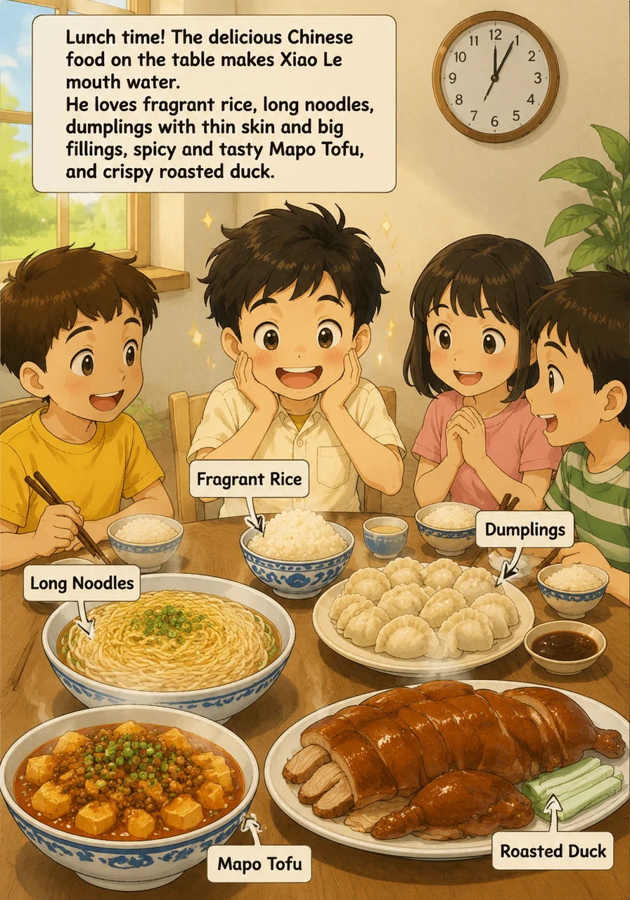 午餐时间到了，餐桌上的中华美食让小乐垂涎欲滴。他最喜欢香喷喷的米饭 (mǐ fàn)，长长的面条 (miàn tiáo)，皮薄馅大的饺子 (jiǎo zi)，麻辣鲜香的麻婆豆腐 (má pó dòu fǔ) 和外焦里嫩的烤鸭 (kǎo yā)。
