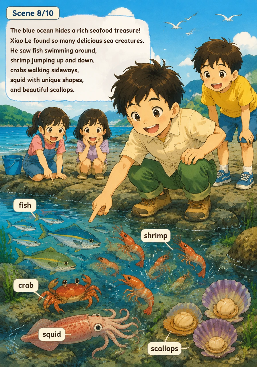 蓝色的大海里藏着丰富的海鲜宝藏，小乐在海边发现了很多美味。他见到了游来游去的鱼 (yú)，蹦蹦跳跳的虾 (xiā)，横着走路的螃蟹 (páng xiè)，形态奇特的鱿鱼 (yóu yú) 和美丽的扇贝 (shàn bèi)。