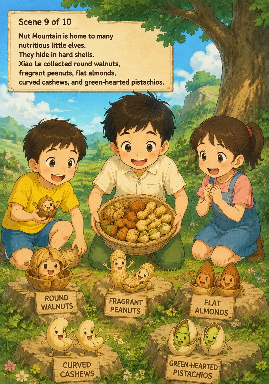 坚果山上住着许多营养丰富的小精灵，它们躲在坚硬的壳里。小乐收集了圆滚滚的核桃 (hé tao)，香喷喷的花生 (huā shēng)，扁平的杏仁 (xìng rén)，弯弯的腰果 (yāo guǒ) 和绿心的开心果 (kāi xīn guǒ)。