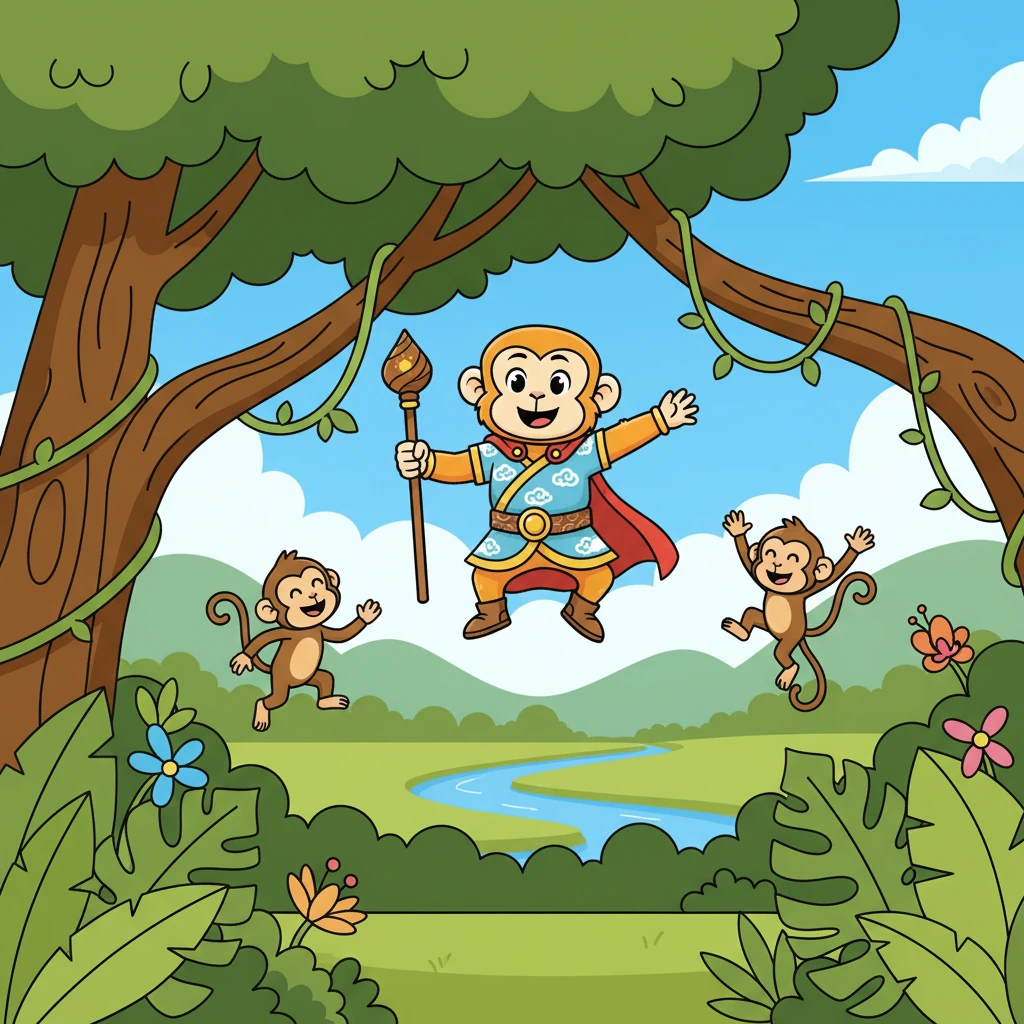 In the ancient land of Kishkindha, lived a playful monkey named Veer Hanuman. He was known for his boundless energy and a heart full of love. His days were filled with joy, playing with his friends and exploring the lush forests.