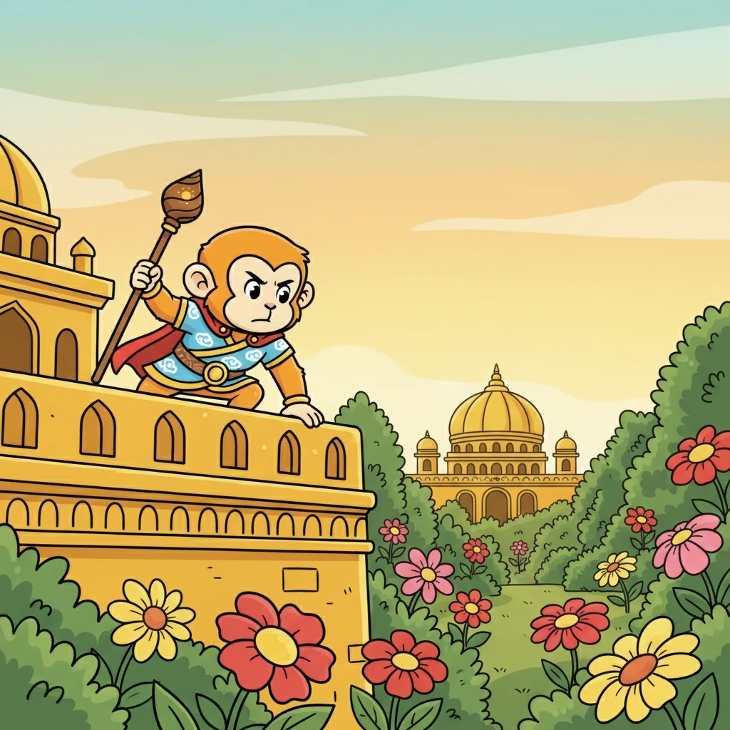 Reaching Lanka, Hanuman searched for Sita in the beautiful gardens and imposing palaces. He was determined to find her and deliver a message of hope from Lord Rama.