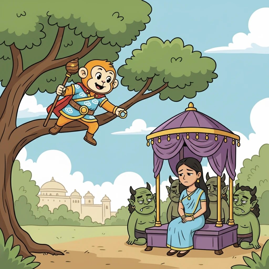 He finally found Sita, forlorn and surrounded by demons. He offered her Lord Rama's ring, a symbol of their enduring love and the promise of rescue.