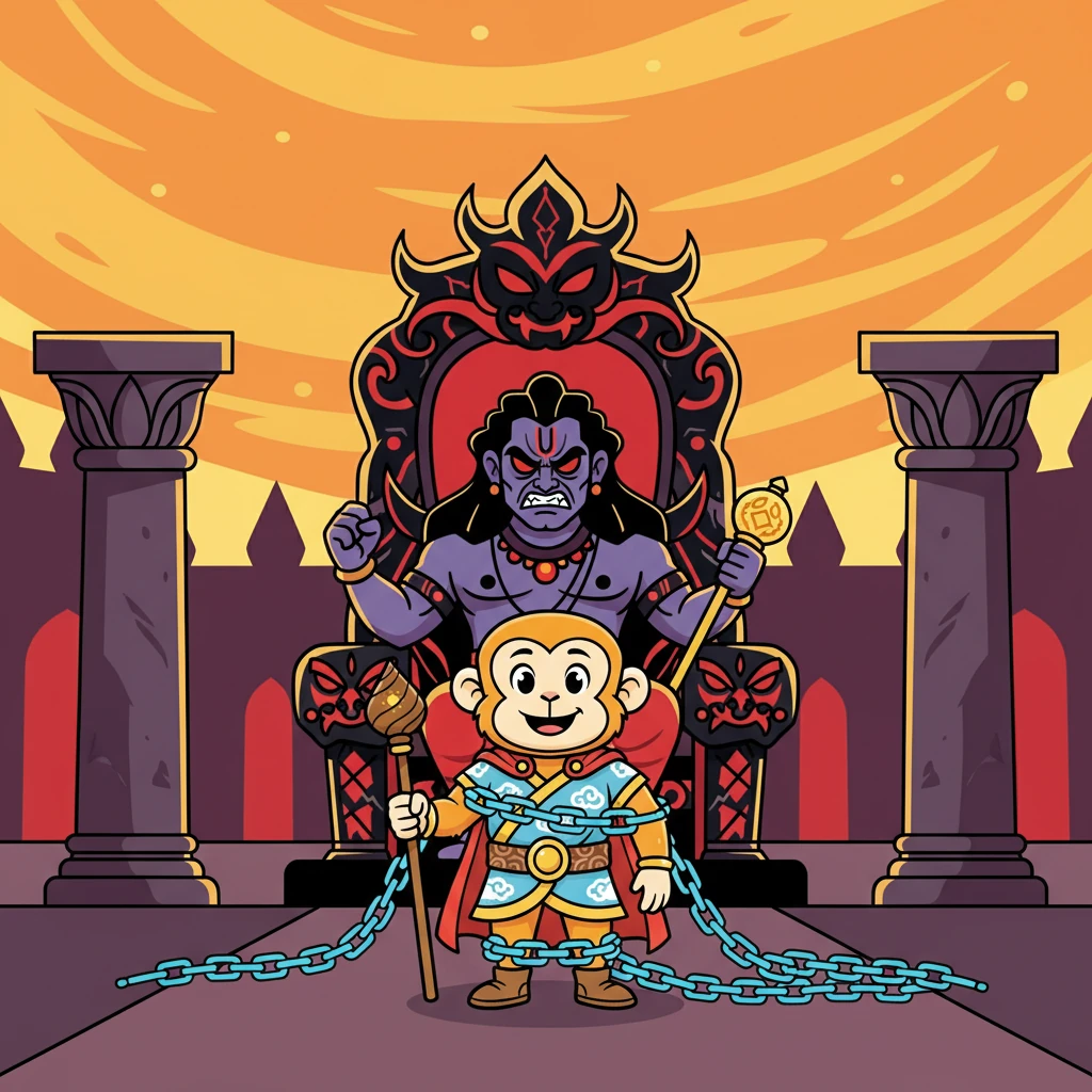 Hanuman, in a show of his power, allowed himself to be captured and brought before the demon king, Ravana. He fearlessly spoke the truth, defying the evil ruler.