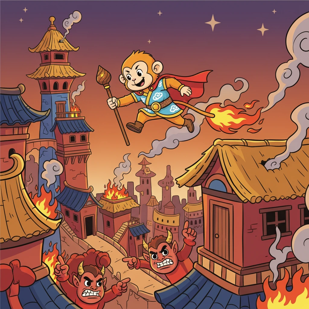 Ravana, enraged, ordered Hanuman's tail to be set on fire. The clever monkey used his burning tail to set the city of Lanka ablaze, a warning to the demons.