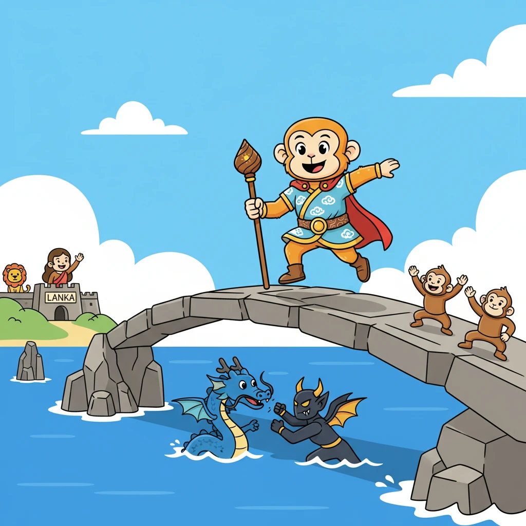 With Hanuman's help, Lord Rama and his army built a bridge to Lanka. A great battle ensued, where good triumphed over evil, and Sita was rescued.