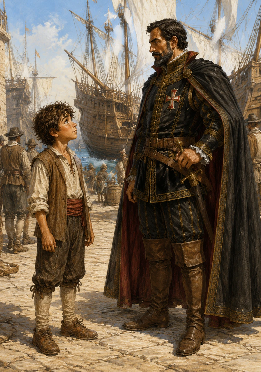 In the bustling port of Lisbon in 1500, a young boy named Pedro watched as massive wooden ships swayed in the harbor. He had just been chosen as a cabin boy for a grand expedition led by the noble Captain Pedro Álvares Cabral.