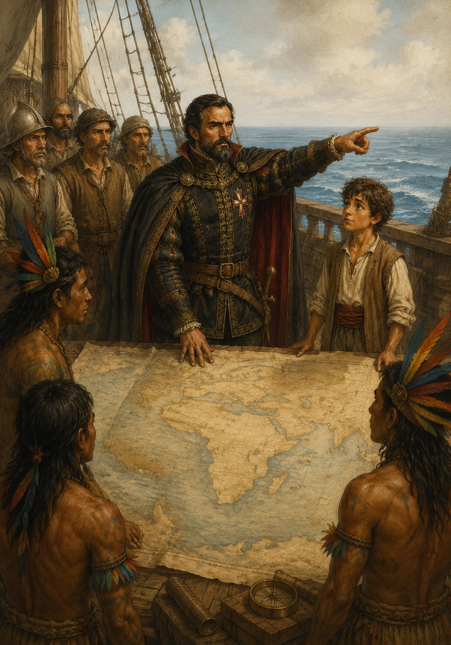 Captain Cabral stood before his crew, pointing to a large map filled with unknown seas and mysterious territories. While their official mission was to find a route to India, Pedro felt a sense of destiny pulling them toward the uncharted west.