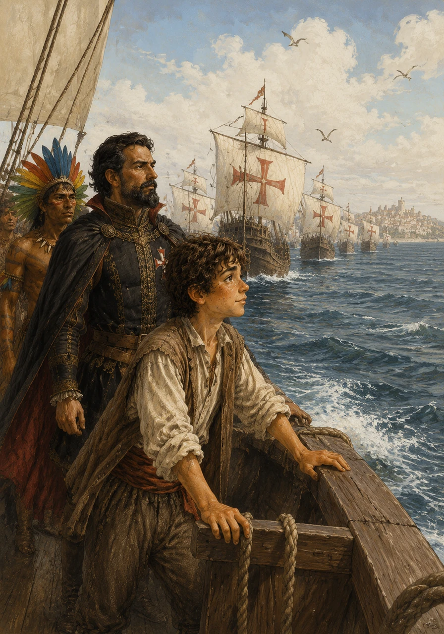 The fleet of thirteen ships spread their white sails, each marked with a bold red cross, and began their journey away from the familiar shores of Portugal. Pedro gripped the wooden railing, feeling the spray of the salt water as the city of Lisbon faded into a tiny speck on the horizon.