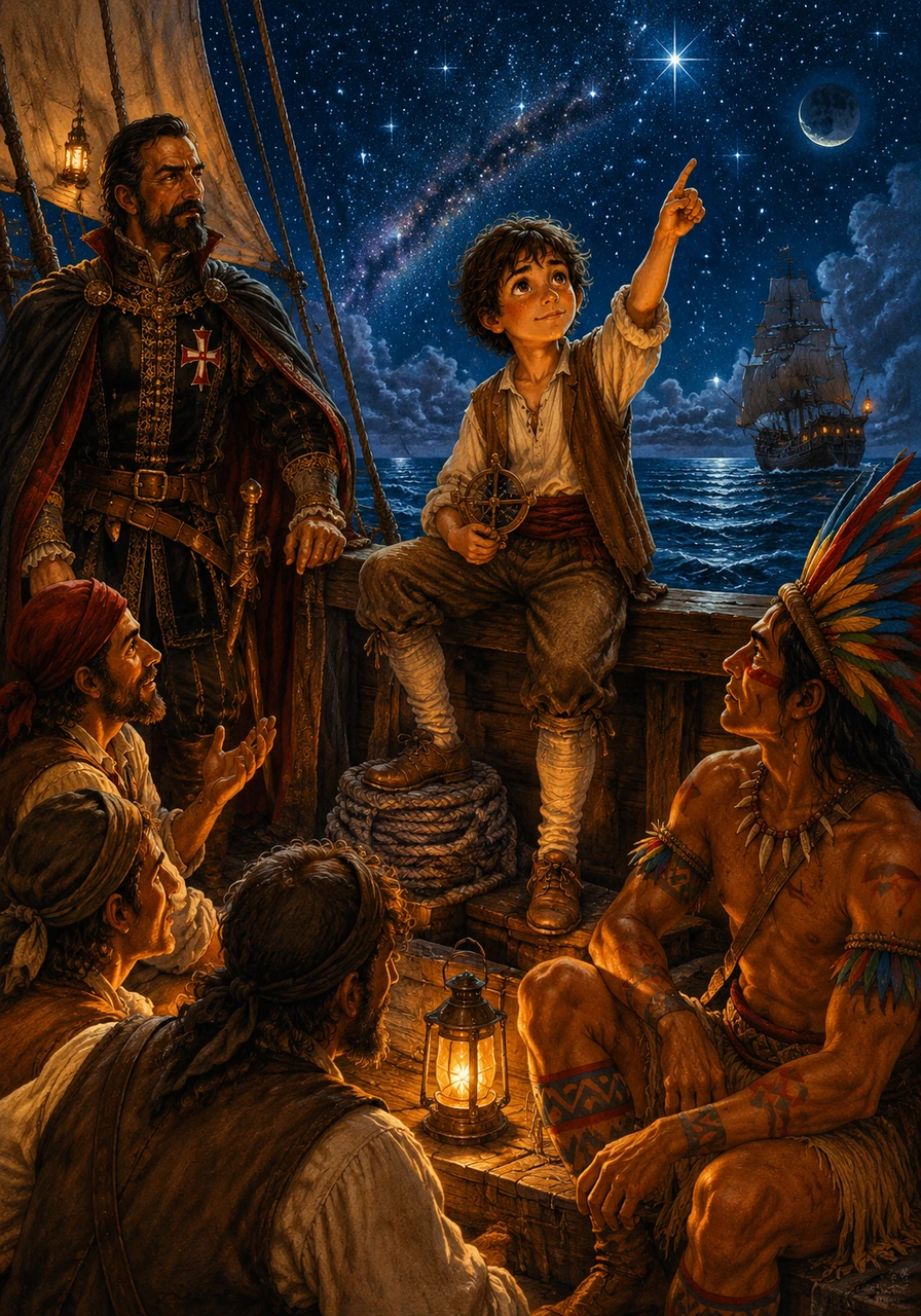 For many weeks, the ships sailed southwest, deep into the vast and lonely Atlantic Ocean where the water met the sky in every direction. The sailors shared stories of mythical sea creatures, but Pedro spent his nights watching the stars to guide their way through the dark waves.